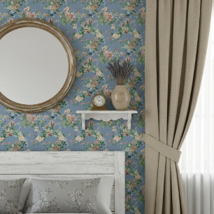 Elegant Vintage Floral Pattern Soft Blue Wallpaper