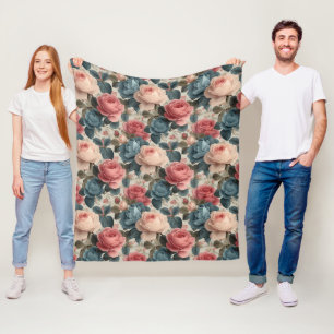Elegant Vintage Floral Pattern with Roses Fleece Blanket