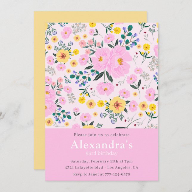 Elegant Vintage Floral Pink 93rd birthday Invitation (Front/Back)