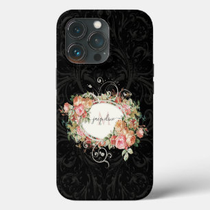 Elegant Vintage Floral Pink Black Script Monogram iPhone 13 Pro Case