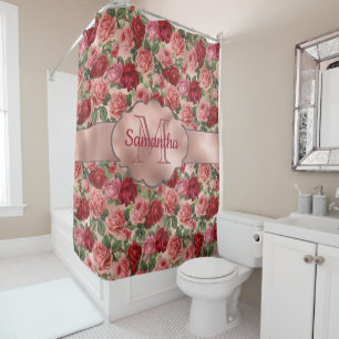 Elegant Vintage Floral Pink Rose Gold Monogrammed  Shower Curtain
