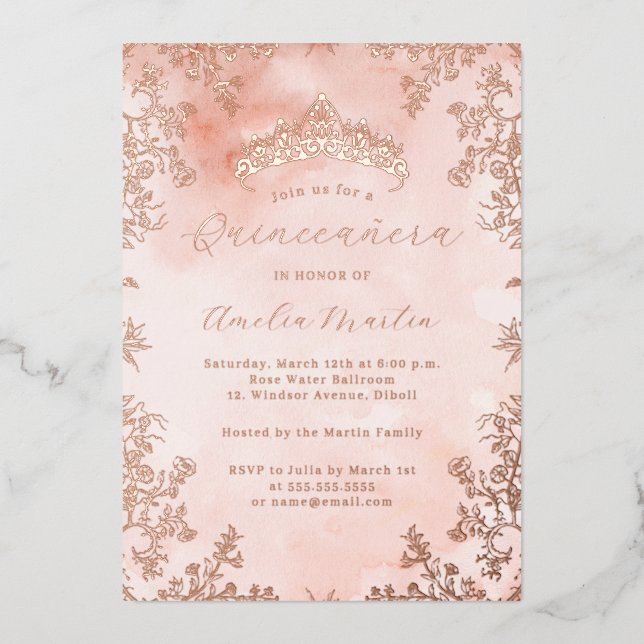 Elegant Vintage Floral Rose Gold Quinceanera  (Front)