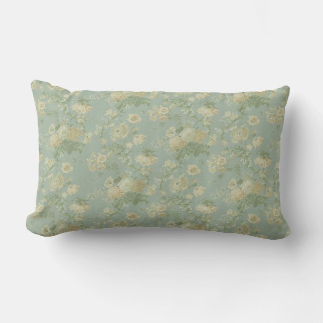 Elegant Vintage Floral Rose, Green Lumbar Cushion (Front)