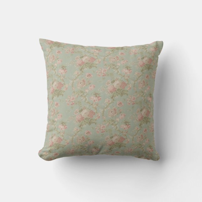 Elegant Vintage Floral Rose, Green & Pink Cushion (Front)