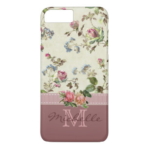 Elegant Vintage Floral Rose Monogram Name iPhone 8 Plus/7 Plus Case