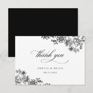 Elegant Vintage Floral Royal Black White Wedding Thank You Card