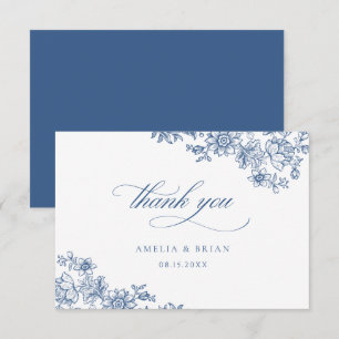 Elegant Vintage Floral Royal Blue Script Wedding Thank You Card