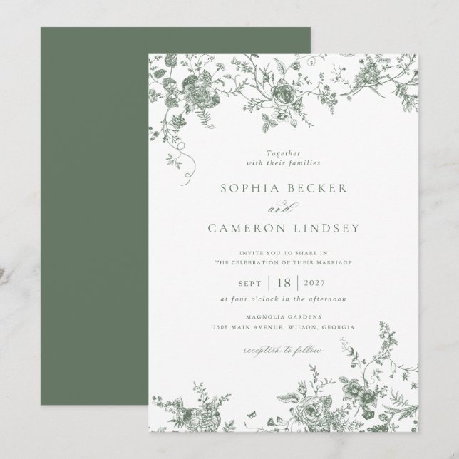 Elegant Vintage Floral Sage Green Wedding Invitation (Front/Back)