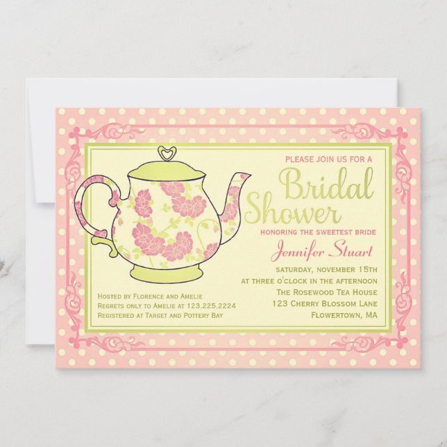 Elegant Vintage Floral Tea Bridal Shower Invitation (Front)