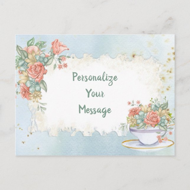Elegant Vintage Floral Tea Cup Personalised Postcard (Front)