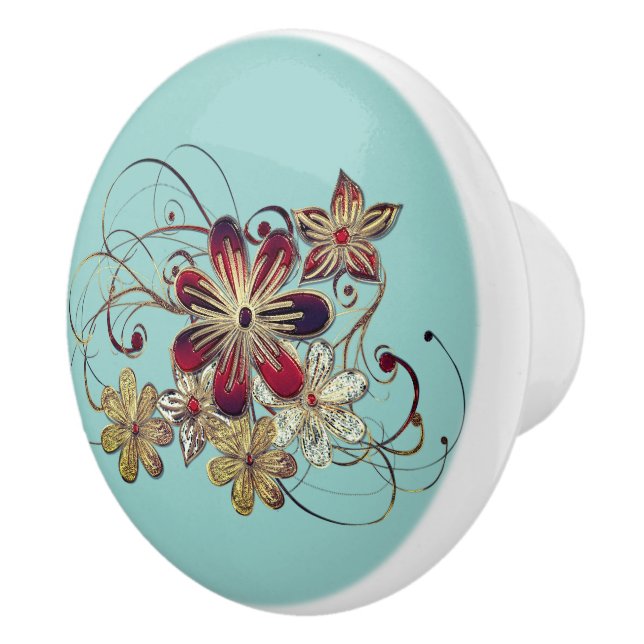 Elegant Vintage Floral Teal Ceramic Knob (Right)