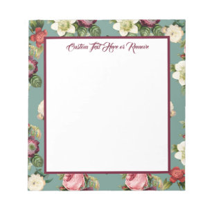Elegant Vintage Floral Teal Maroon Personalised Notepad