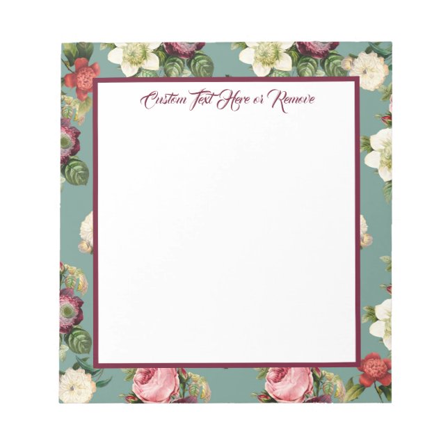 Elegant Vintage Floral Teal Maroon Personalised Notepad (Front)