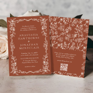 Elegant Vintage Floral Terracotta QR Code Wedding Invitation