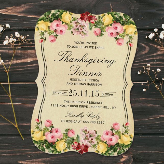 Elegant Vintage Floral Thanksgiving Dinner Invitation (Creator Uploaded)