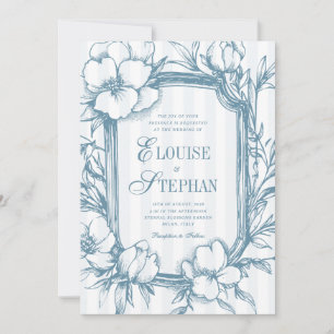 Elegant Vintage Floral Toile Blue Stripes Wedding Invitation
