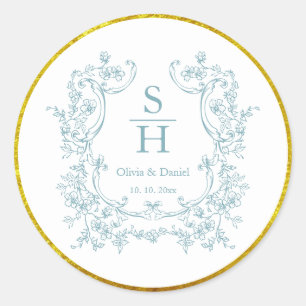 Elegant Vintage Floral Wedding Crest Monogram Classic Round Sticker