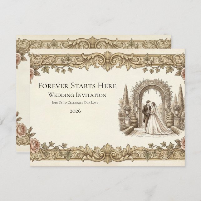 Elegant Vintage Floral Wedding Invitation Postcard (Front/Back)