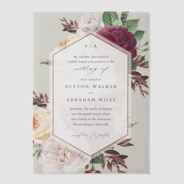 Elegant Vintage Floral Wedding Vellum Invitations (Front)