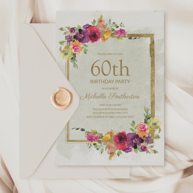 Elegant Vintage Floral Women's 60th Birthday Invitation (Elegant purple and pink vintage flowers 60th birthday party invitation
)
