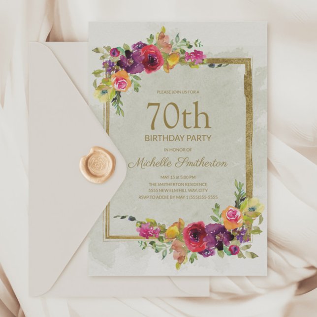 Elegant Vintage Floral Women's 70th Birthday Invitation (Elegant purple and pink vintage floral 70th birthday party invitation)