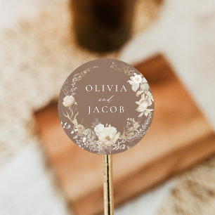 Elegant Vintage Floral Wreath Brown Wedding Classic Round Sticker