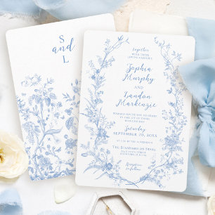 Elegant Vintage Floral Wreath French Blue Wedding Invitation