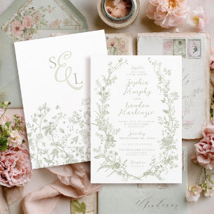 Elegant Vintage Floral Wreath Sage Green Wedding Invitation
