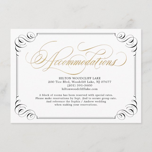 Elegant vintage flourish calligraphy accommodation enclosure card (Front)