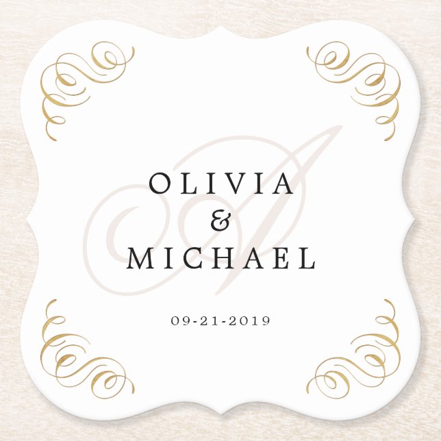 Elegant vintage flourish calligraphy monogram paper coaster (Front)