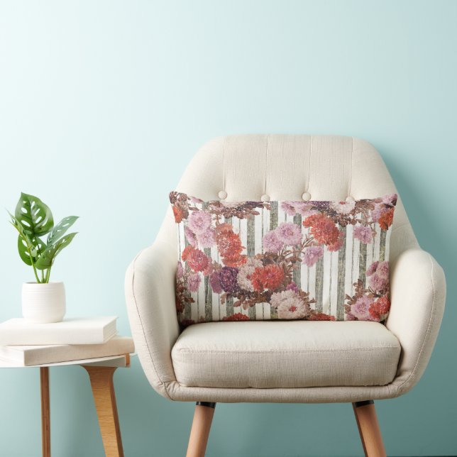 Elegant Vintage Flowers Antique Ticking Stripes Lumbar Cushion (Chair)