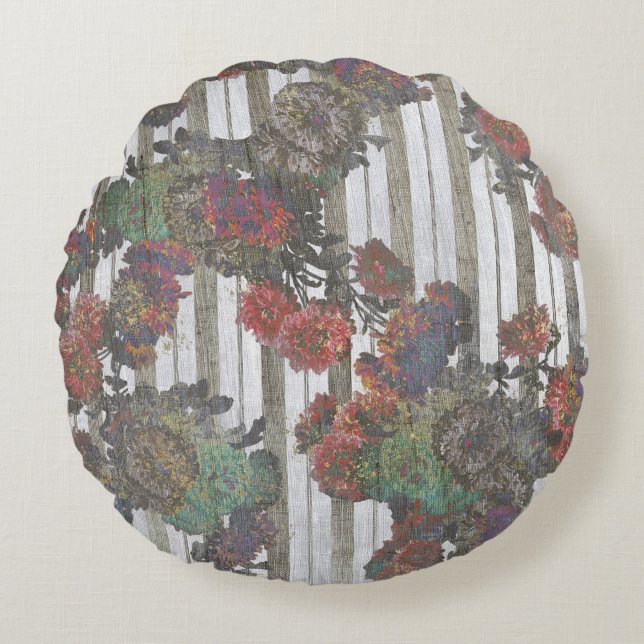 Elegant Vintage Flowers French Ticking Stripes Round Cushion (Front)