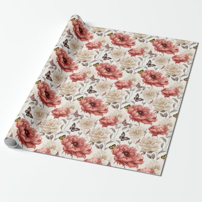 Elegant Vintage Flowers with Butterflies  Wrapping Paper (Unrolled)