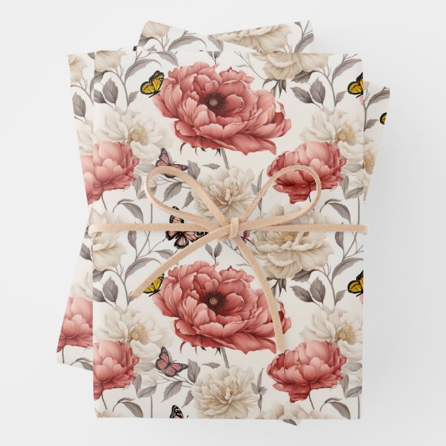Elegant Vintage Flowers with Butterflies  Wrapping Paper Sheet (In situ)