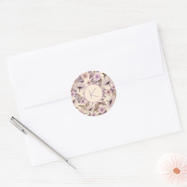Elegant Vintage Flowers With Monogram  Classic Round Sticker (Envelope)
