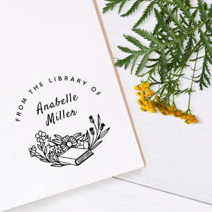 Elegant Vintage Flowery Custom Name Library Book Rubber Stamp