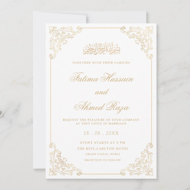 Elegant Vintage Frame Gold Script Muslim Wedding Invitation (Front)