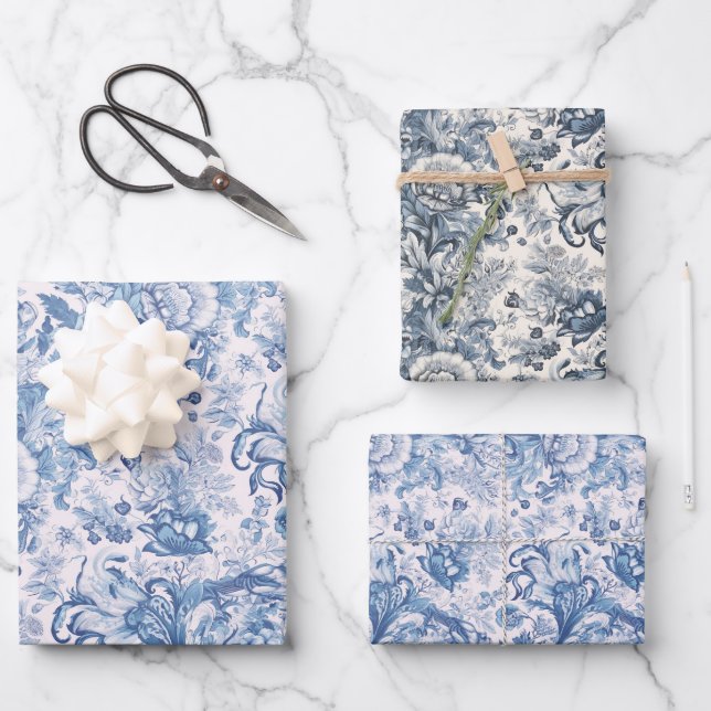 Elegant Vintage French Blue Toile Pattern Wrapping Paper Sheet (Front)