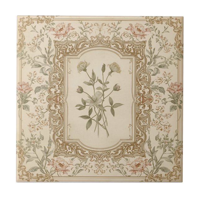 Elegant Vintage French Engraved Floral  Pattern Tile (Front)