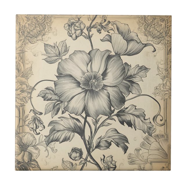 Elegant Vintage French Engraved Floral  Pattern Tile (Front)