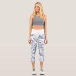 Elegant Vintage French Engraved Floral Toile-Blue Capri Leggings<br><div class="desc">Elegant and ornate vintage blue and white toile de jouy pattern featuring exotic flowers, vines and foliage intertwined with garlands and baskets of roses. This pattern was adapted from an historic French textile fragment ca 1910 in the Smithsonian collection. Pattern is high res but cannot be tiled. Waistband colour is...</div>