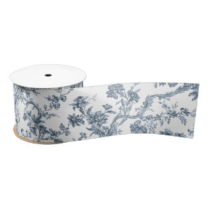 Elegant Vintage French Engraved Floral Toile-Blue Satin Ribbon