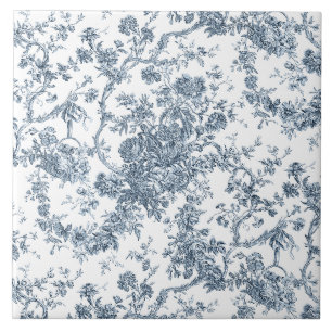 Elegant Vintage French Engraved Floral Toile-Blue Tile