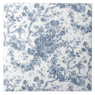 Elegant Vintage French Engraved Floral Toile-Blue Tile