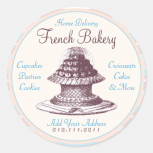 Elegant Vintage French Pastries: Bakery Peach Stri Classic Round Sticker
