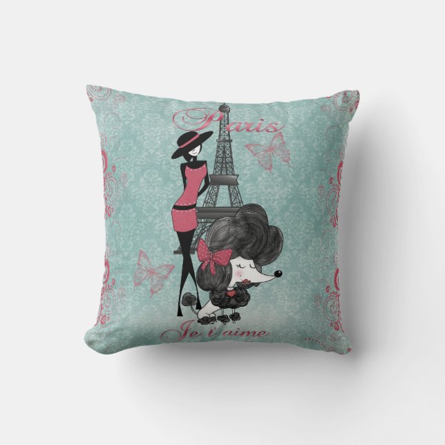 Elegant vintage French poodle girls silhouette Cushion (Front)