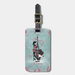Elegant vintage French poodle girls silhouette Luggage Tag