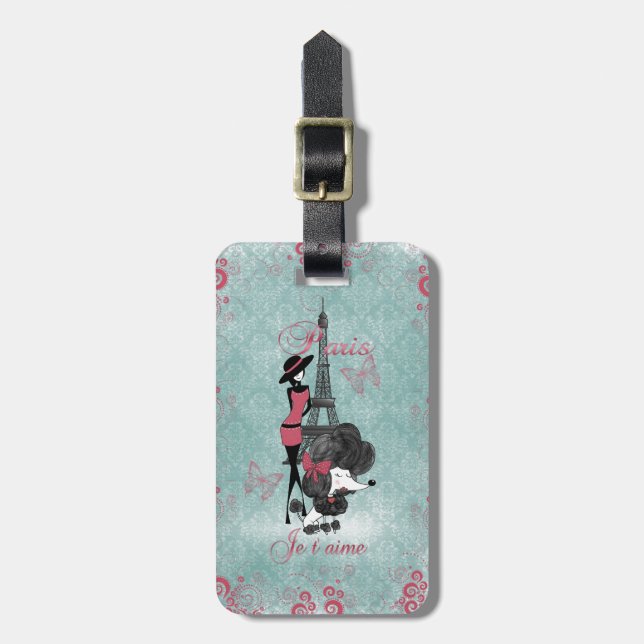Elegant vintage French poodle girls silhouette Luggage Tag (Front Vertical)