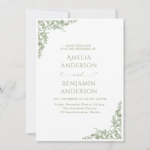 Elegant Vintage French Sage Green Floral Wedding Invitation