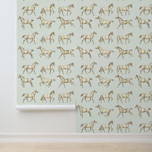Elegant Vintage Galloping Horses Beige Sage Toile Wallpaper